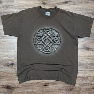 vintage 2000s brown tribal print celtic cross graphic tee